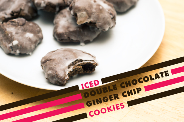 gluten free iced double chocolate chunk ginger chip cookies