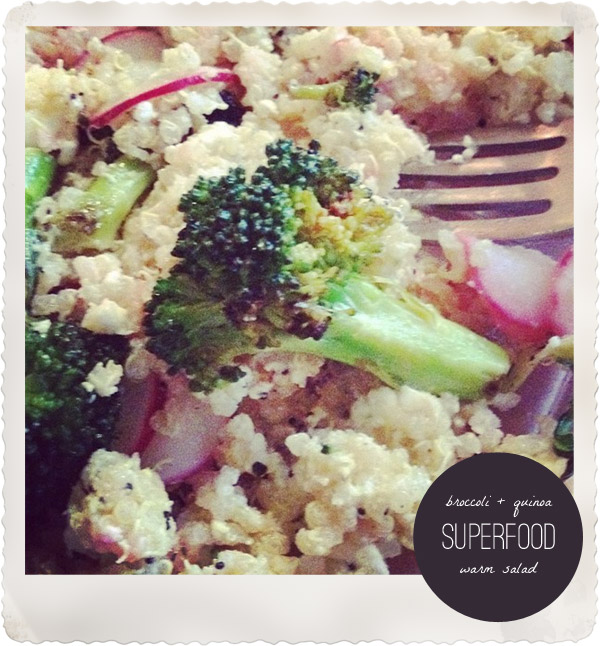 gluten free broccoli quinoa superfood salad with radish and goat feta