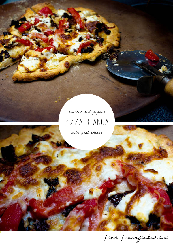 gluten-free pizza blanca with roasted red peppers and chevre frais