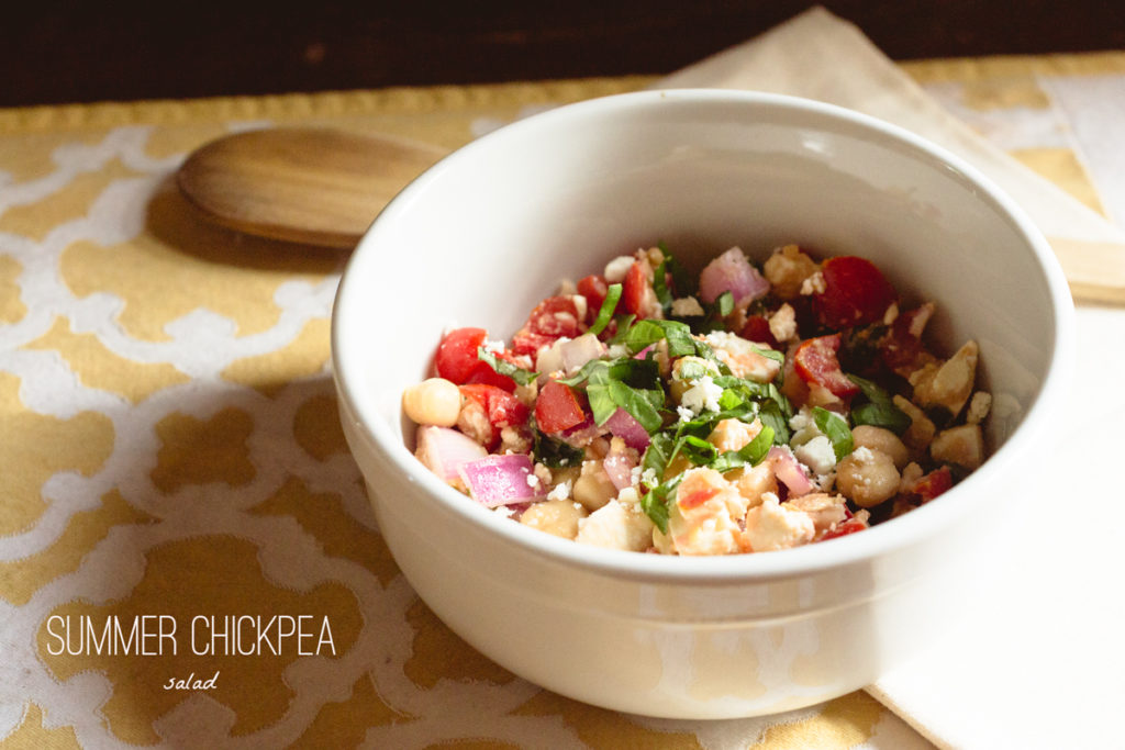 Creamy Summer Chickpea Salad with feta, tomatoes, onion, lemon juice, olive oil and fresh herbs